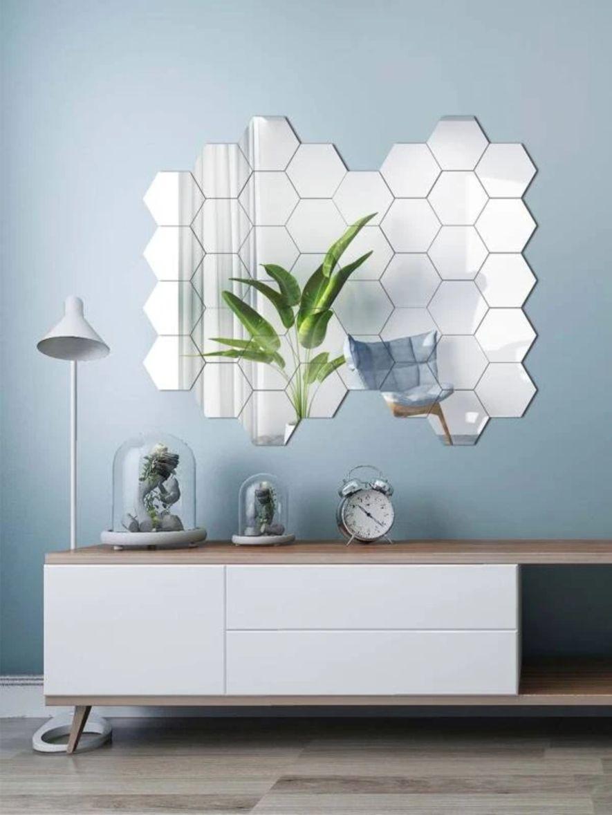 HappyKart Mirror Stickers For Wall Pack Of 40 Hexagon Silver Color Flexible Mirror Size (10x12)Cm Each Hexagon